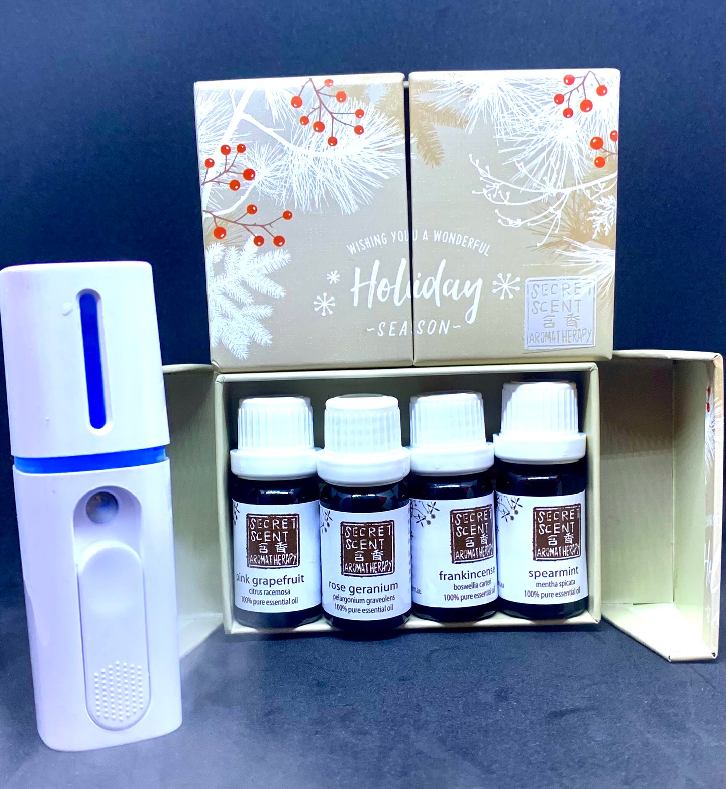 XMAS SPECIAL - any 4 essential oils or oil blends, mix & match your favourites in gift box PLUS a portable diffuser